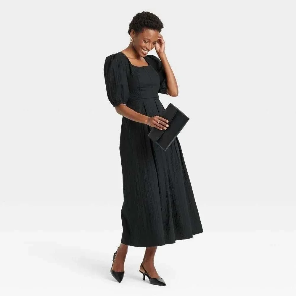 Black Milkmaid Square Neck Crinkle Puff‎ Sleeve Maxi Dress Size Large Cottage